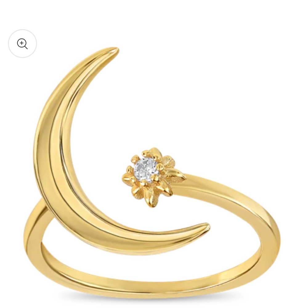 Gold Plated Crescent Moon & Starburst CZ Open Ring - Celestial Adjustable